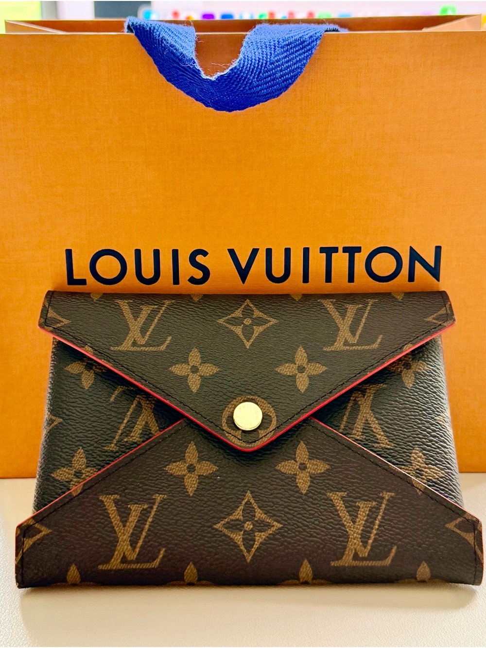Louis Vuitton Monogram Envelope Wallet in Brown with Red Trim